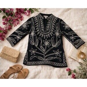 Black Metallic Embroidered Tunic Top Boho Floral Art To Wear Womens Medium Fairy